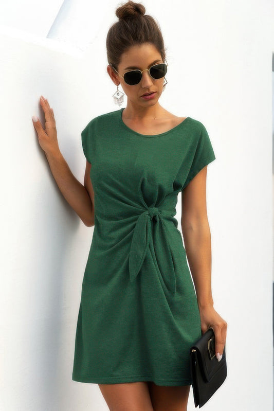 Solid Twist Knot Front Short Sleeve Tee Fit Dress - Tigbul's Variety Fashion Shop