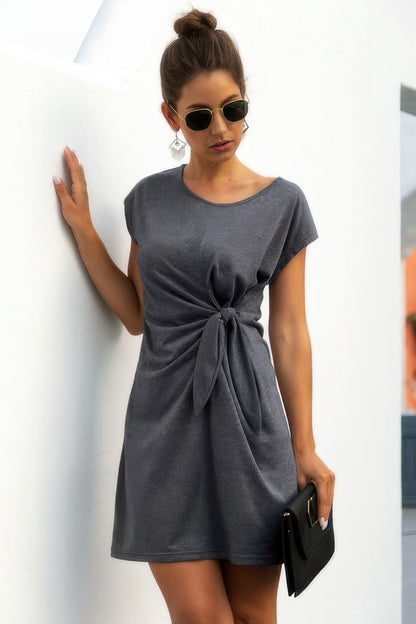 Solid Twist Knot Front Short Sleeve Tee Fit Dress - Tigbul's Variety Fashion Shop