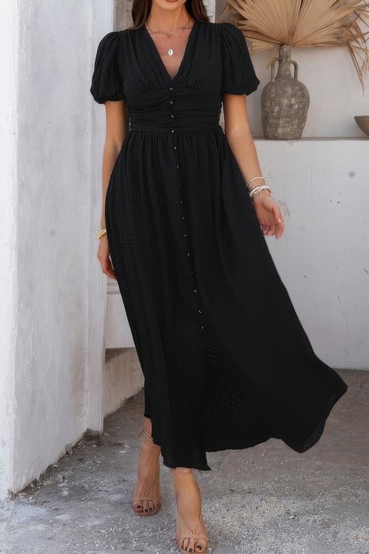 Solid V Neck Puff Sleeves Solid Knot Detail Dress - Tigbul's Variety Fashion Shop