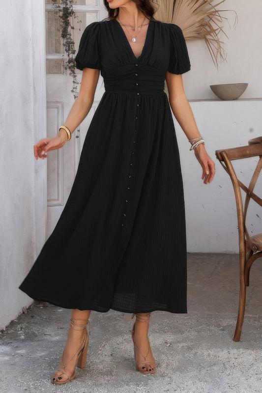 Solid V Neck Puff Sleeves Solid Knot Detail Dress - Tigbul's Variety Fashion Shop