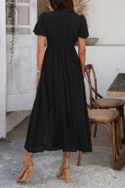 Solid V Neck Puff Sleeves Solid Knot Detail Dress - Tigbul's Variety Fashion Shop
