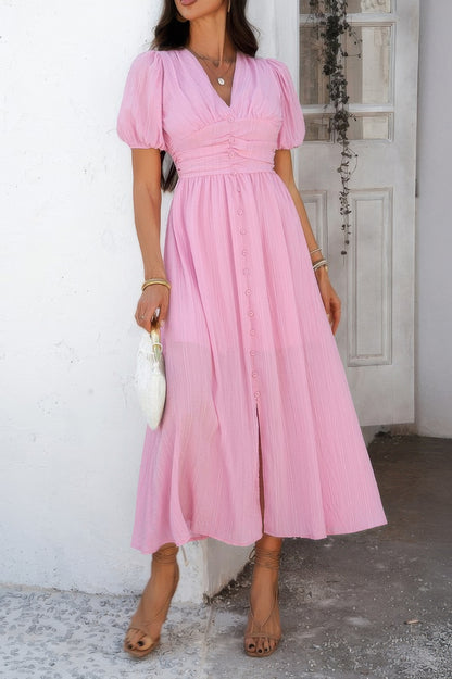 Solid V Neck Puff Sleeves Solid Knot Detail Dress - Tigbul's Variety Fashion Shop
