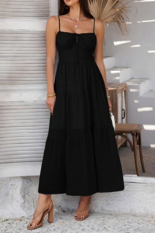 Solid Sleeveless Smocked Tiered Maxi Cami Dress - Tigbul's Variety Fashion Shop