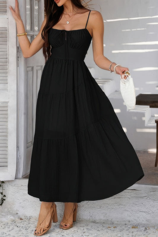 Solid Sleeveless Smocked Tiered Maxi Cami Dress - Tigbul's Variety Fashion Shop