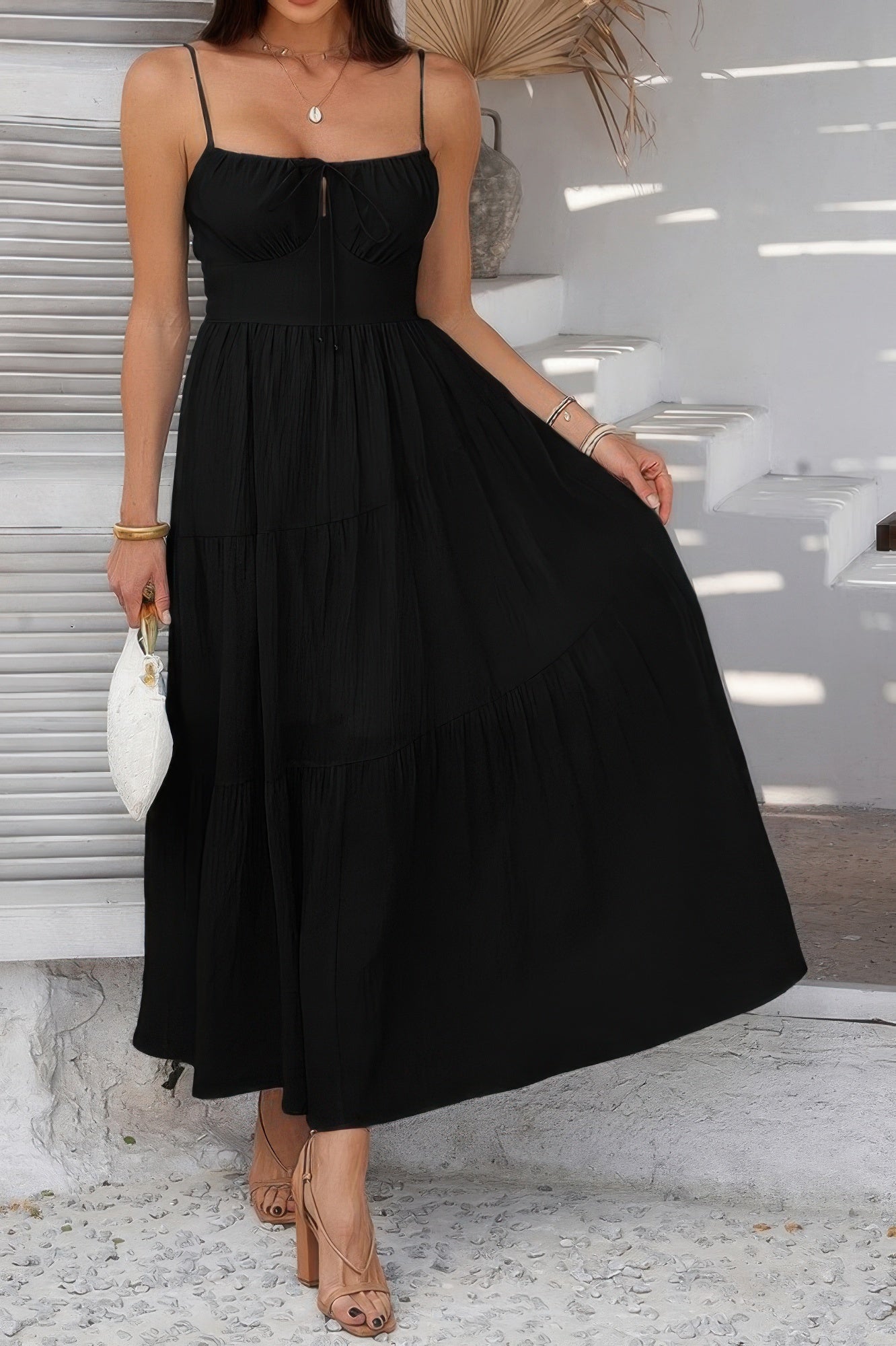 Solid Sleeveless Smocked Tiered Maxi Cami Dress - Tigbul's Variety Fashion Shop