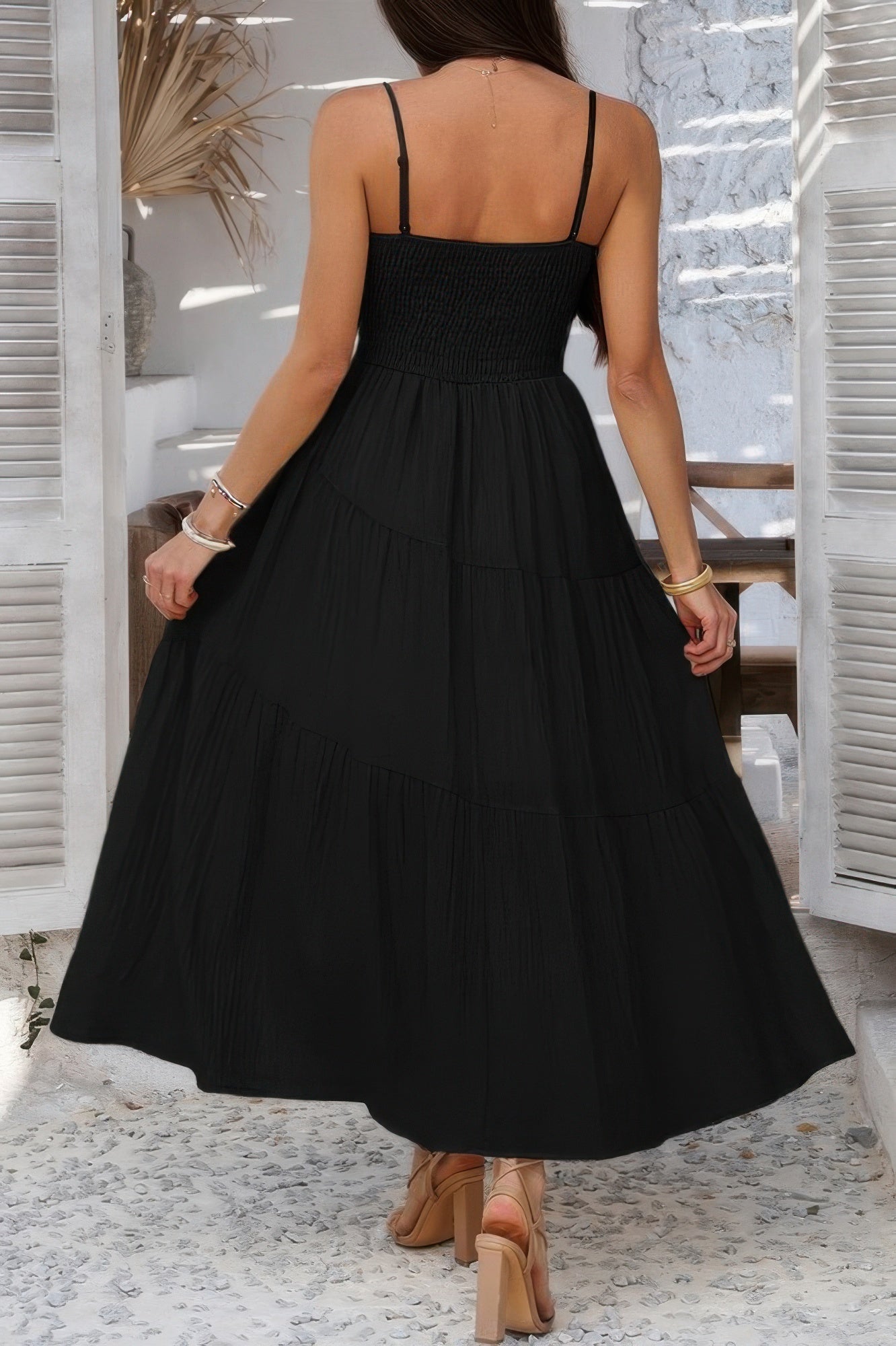 Solid Sleeveless Smocked Tiered Maxi Cami Dress - Tigbul's Variety Fashion Shop