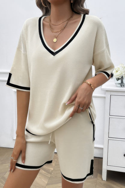Knit Solid Deep V Neck Loose Drawstring Loose Set - Tigbul's Variety Fashion Shop