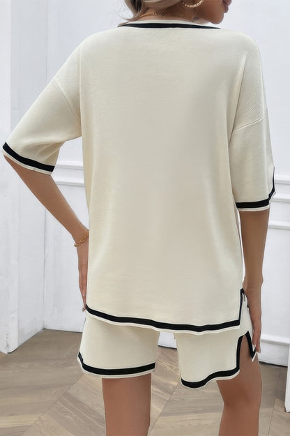 Knit Solid Deep V Neck Loose Drawstring Loose Set - Tigbul's Variety Fashion Shop