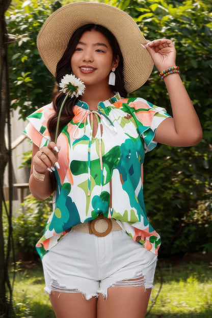 Plus Size Print Knot Neck Ruffle Fit Top - Tigbul's Variety Fashion Shop
