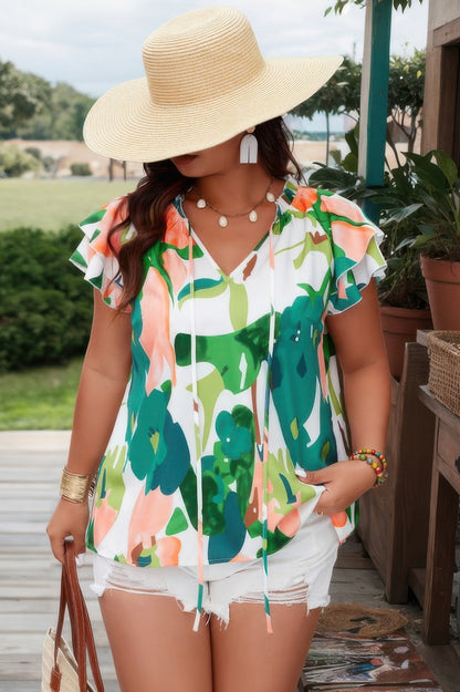 Plus Size Print Knot Neck Ruffle Fit Top - Tigbul's Variety Fashion Shop