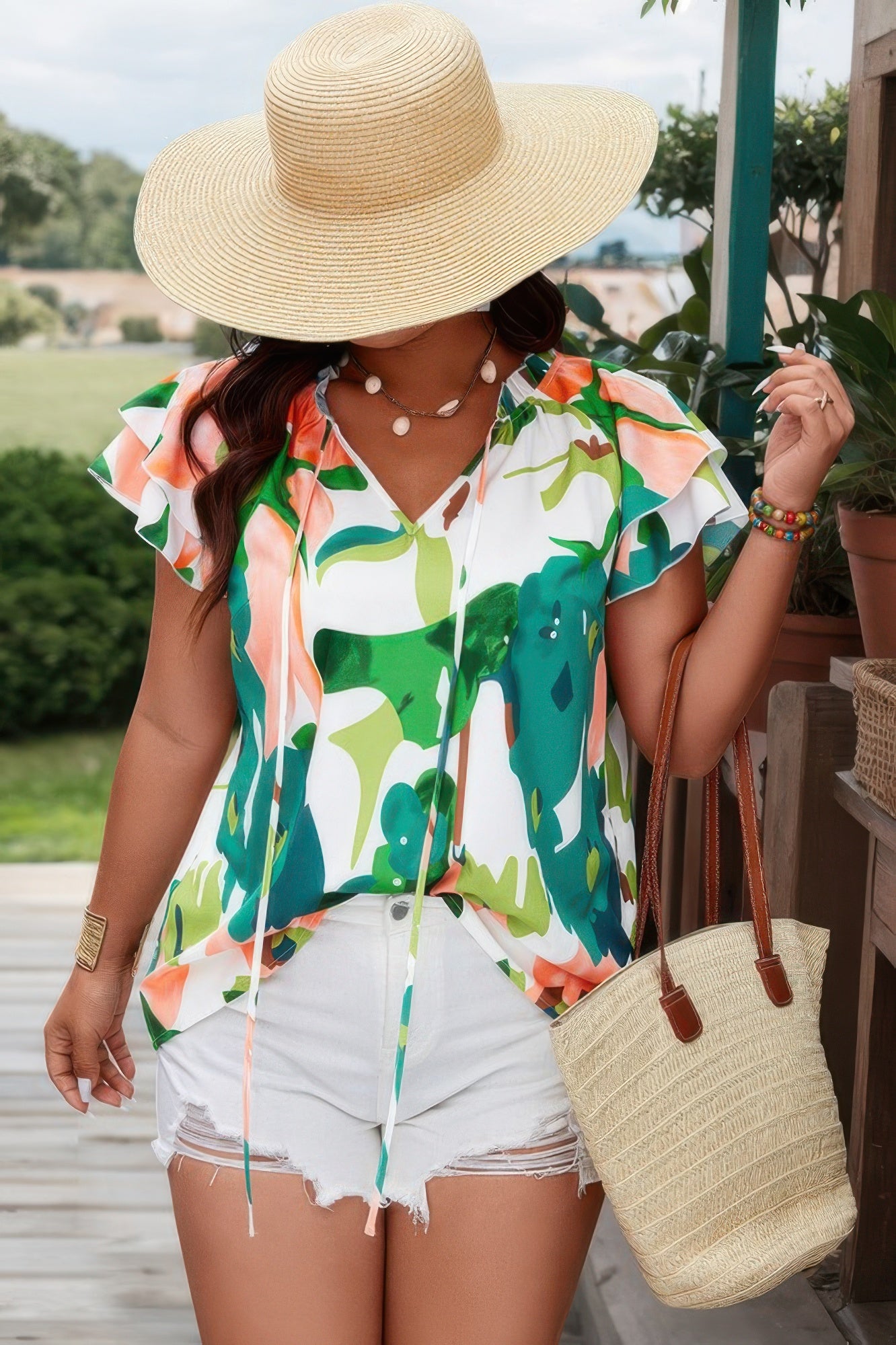 Plus Size Print Knot Neck Ruffle Fit Top - Tigbul's Variety Fashion Shop