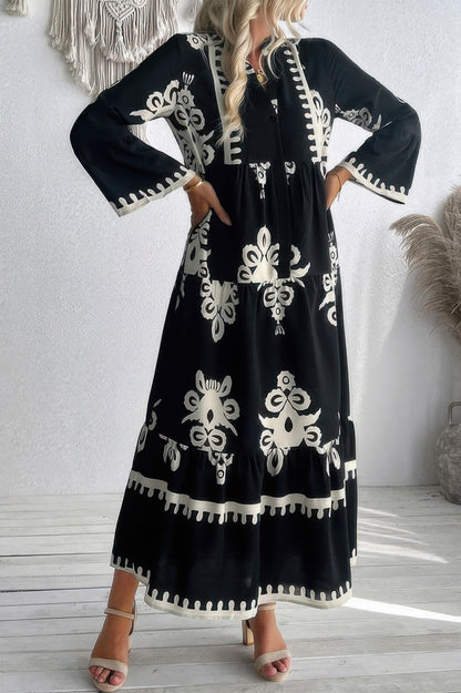V Neck Stand Collar Button Floral Splicing Dress - Tigbul's Variety Fashion Shop