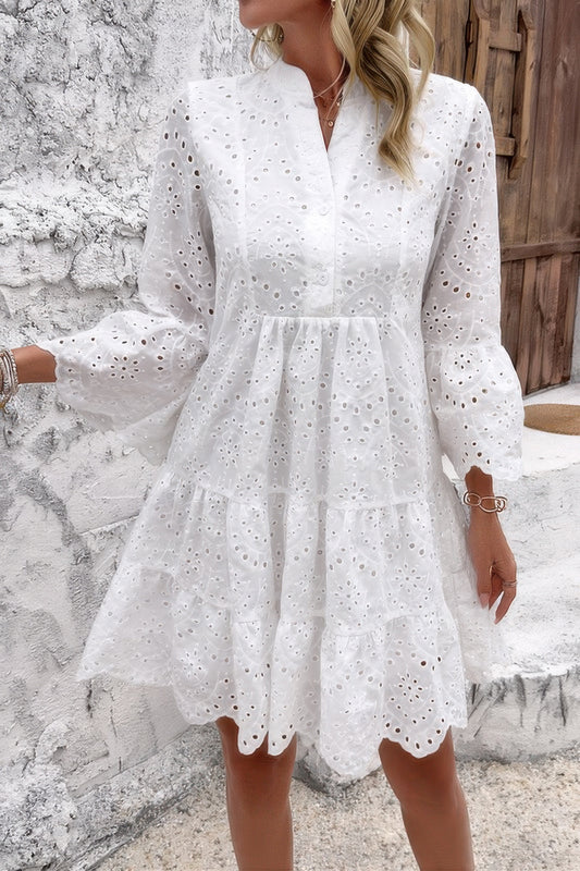 V Neck Button Flared Sleeves Hollow Out Lace Dress - Tigbul's Variety Fashion Shop