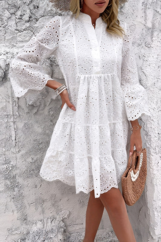 V Neck Button Flared Sleeves Hollow Out Lace Dress - Tigbul's Variety Fashion Shop