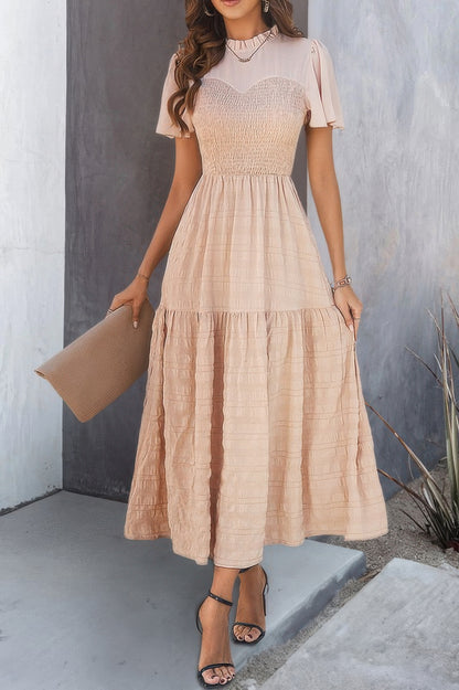 Ruffle Sleeve And Hem Top Shirred Crew Neck Dress - Tigbul's Variety Fashion Shop