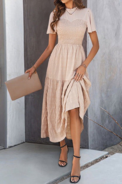 Ruffle Sleeve And Hem Top Shirred Crew Neck Dress - Tigbul's Variety Fashion Shop