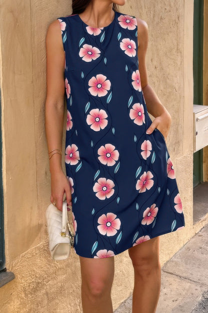 Round Neck Floral Print Sleeveless Loose Dress - Tigbul's Variety Fashion Shop