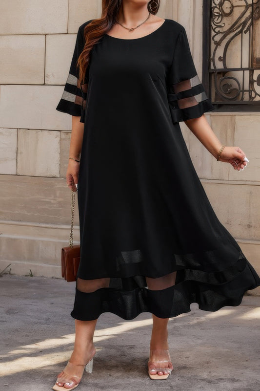 Plus Size Mesh Splicing Round Neck Long Black Dress - Tigbul's Variety Fashion Shop