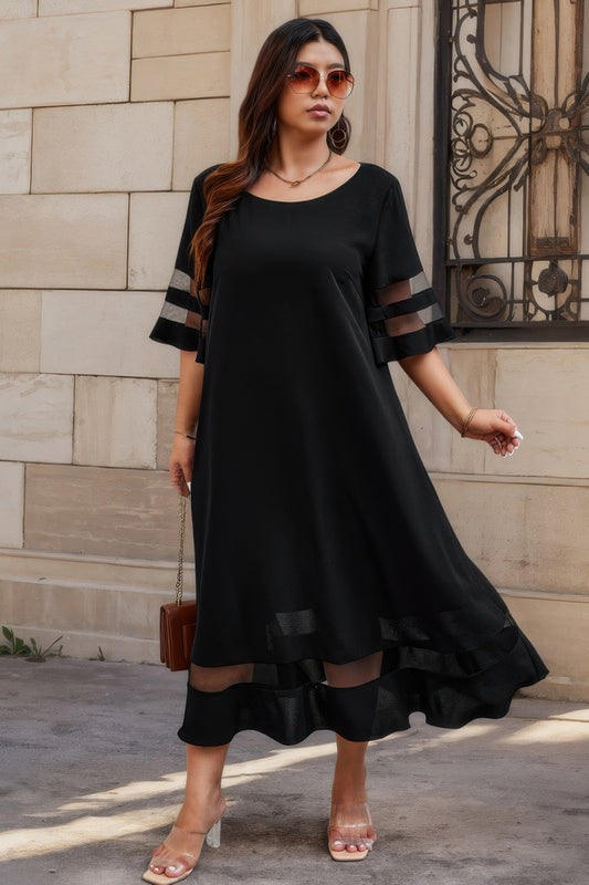 Plus Size Mesh Splicing Round Neck Long Black Dress - Tigbul's Variety Fashion Shop