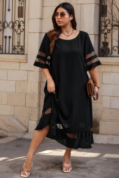 Plus Size Mesh Splicing Round Neck Long Black Dress - Tigbul's Variety Fashion Shop