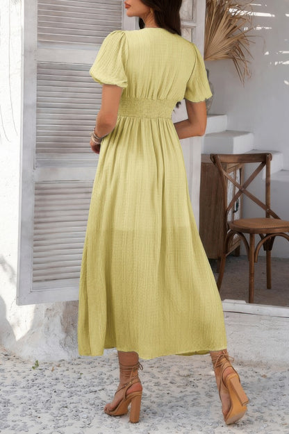 Solid V Neck Puff Sleeves Solid Knot Detail Dress - Tigbul's Variety Fashion Shop