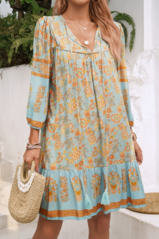 Ruched Boho Print V Neck Ruffle Hem Tassel Dress - Tigbul's Variety Fashion Shop