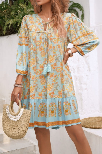 Ruched Boho Print V Neck Ruffle Hem Tassel Dress - Tigbul's Variety Fashion Shop