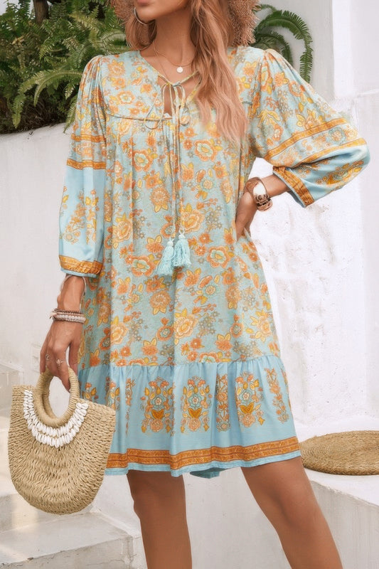 Ruched Boho Print V Neck Ruffle Hem Tassel Dress - Tigbul's Variety Fashion Shop