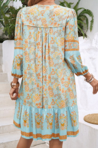 Ruched Boho Print V Neck Ruffle Hem Tassel Dress - Tigbul's Variety Fashion Shop