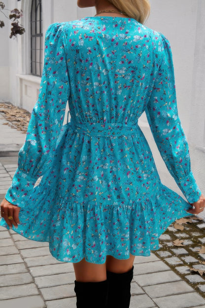 Ruffled Printed Surplice Long Sleeve Mini Dress - Tigbul's Variety Fashion Shop