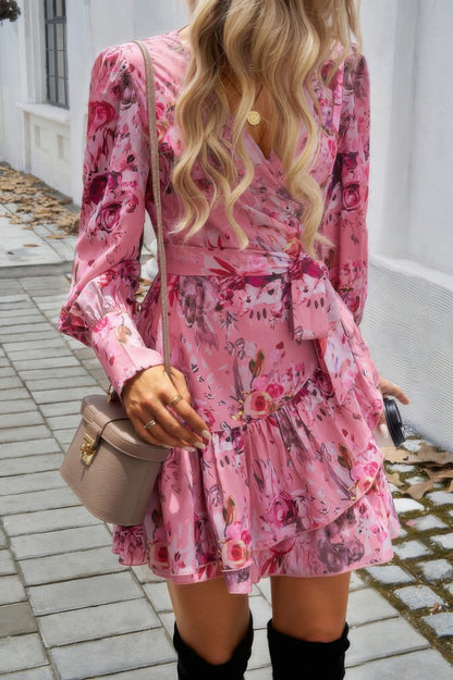 Ruffled Printed Surplice Long Sleeve Mini Dress - Tigbul's Variety Fashion Shop