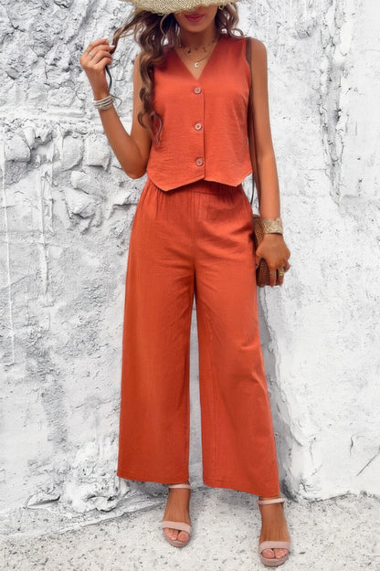 Two Piece Sleeveless Button V Neck Solid Sets - Tigbul's Variety Fashion Shop