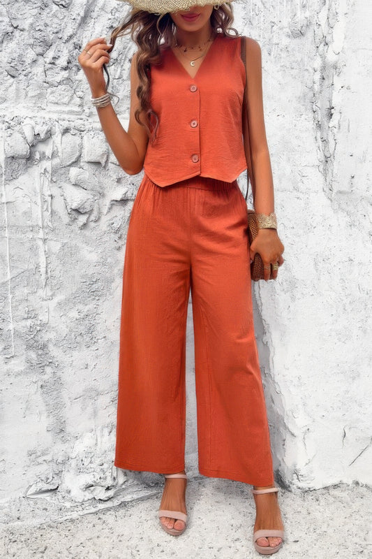 Two Piece Sleeveless Button V Neck Solid Sets - Tigbul's Variety Fashion Shop