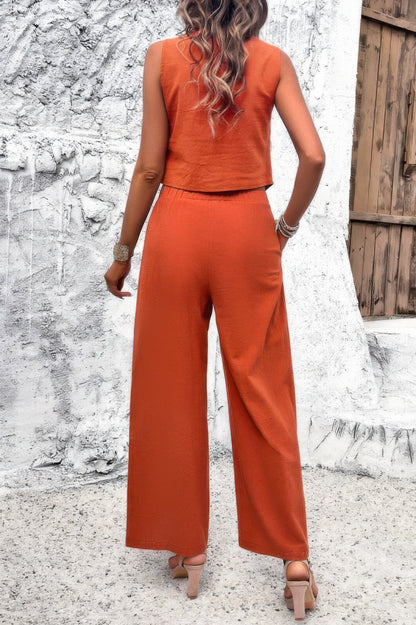 Two Piece Sleeveless Button V Neck Solid Sets - Tigbul's Variety Fashion Shop