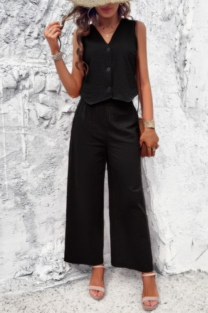 Two Piece Sleeveless Button V Neck Solid Sets - Tigbul's Variety Fashion Shop