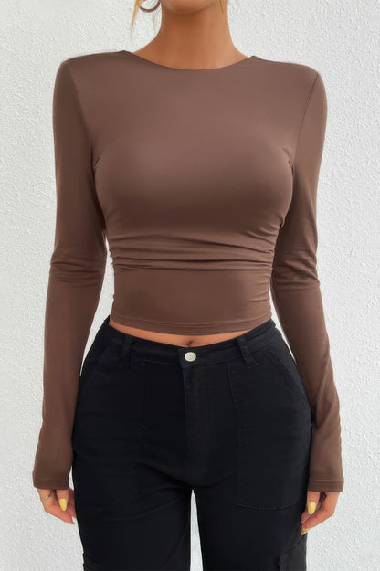 Plain Long Sleeve Open Back Slim Fit Top - Tigbul's Variety Fashion Shop