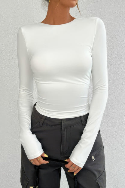Plain Long Sleeve Open Back Slim Fit Top - Tigbul's Variety Fashion Shop