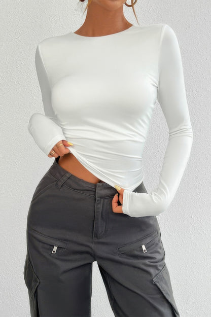 Plain Long Sleeve Open Back Slim Fit Top - Tigbul's Variety Fashion Shop