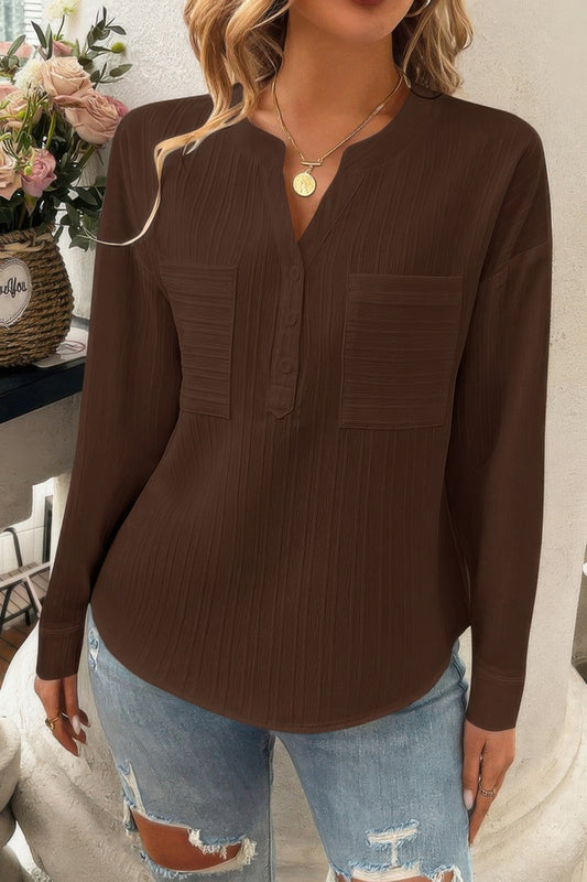 Pleated V Neck Pockets Button Drop Shoulder Blouse - Tigbul's Variety Fashion Shop