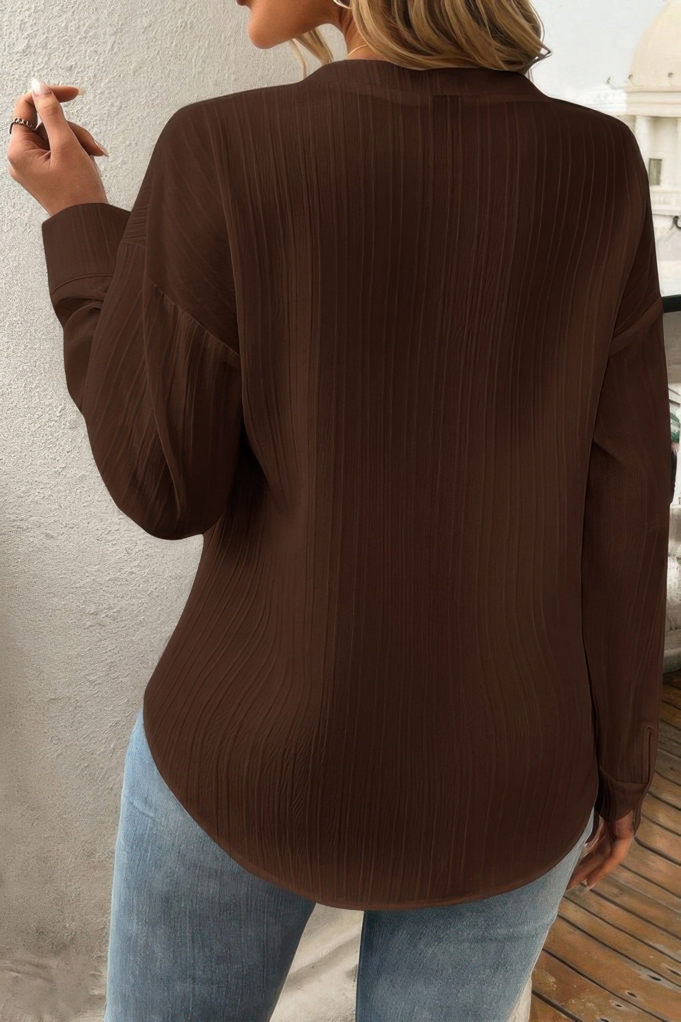 Pleated V Neck Pockets Button Drop Shoulder Blouse - Tigbul's Variety Fashion Shop