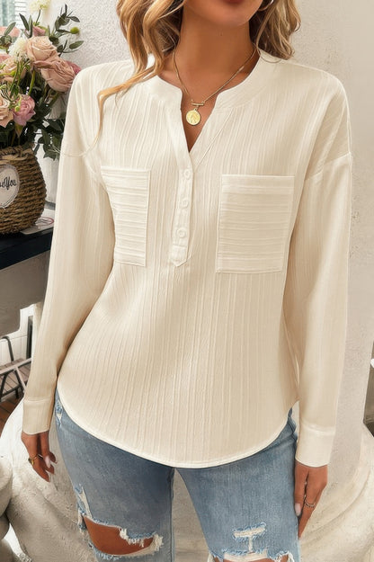 Pleated V Neck Pockets Button Drop Shoulder Blouse - Tigbul's Variety Fashion Shop