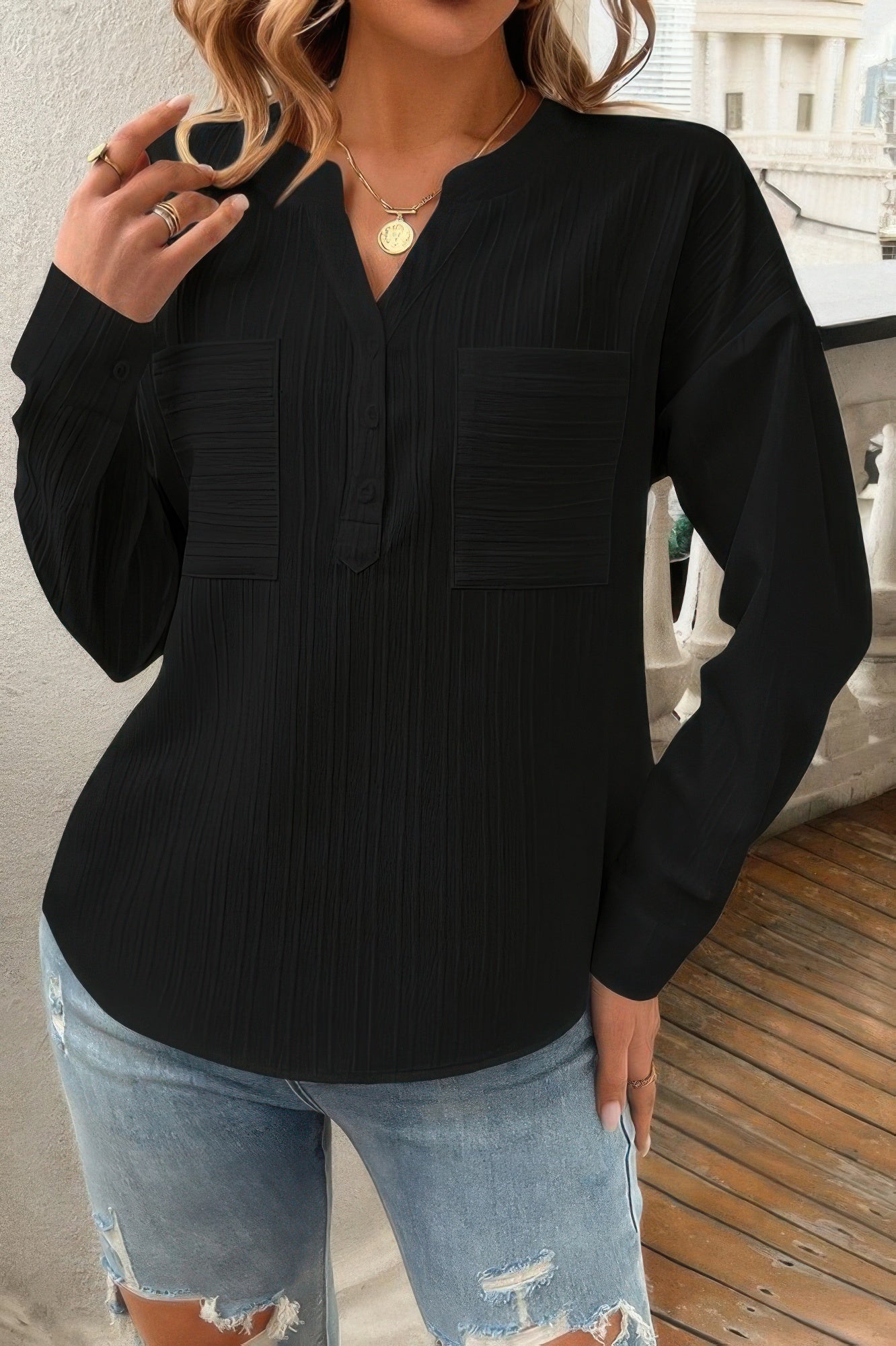 Pleated V Neck Pockets Button Drop Shoulder Blouse - Tigbul's Variety Fashion Shop