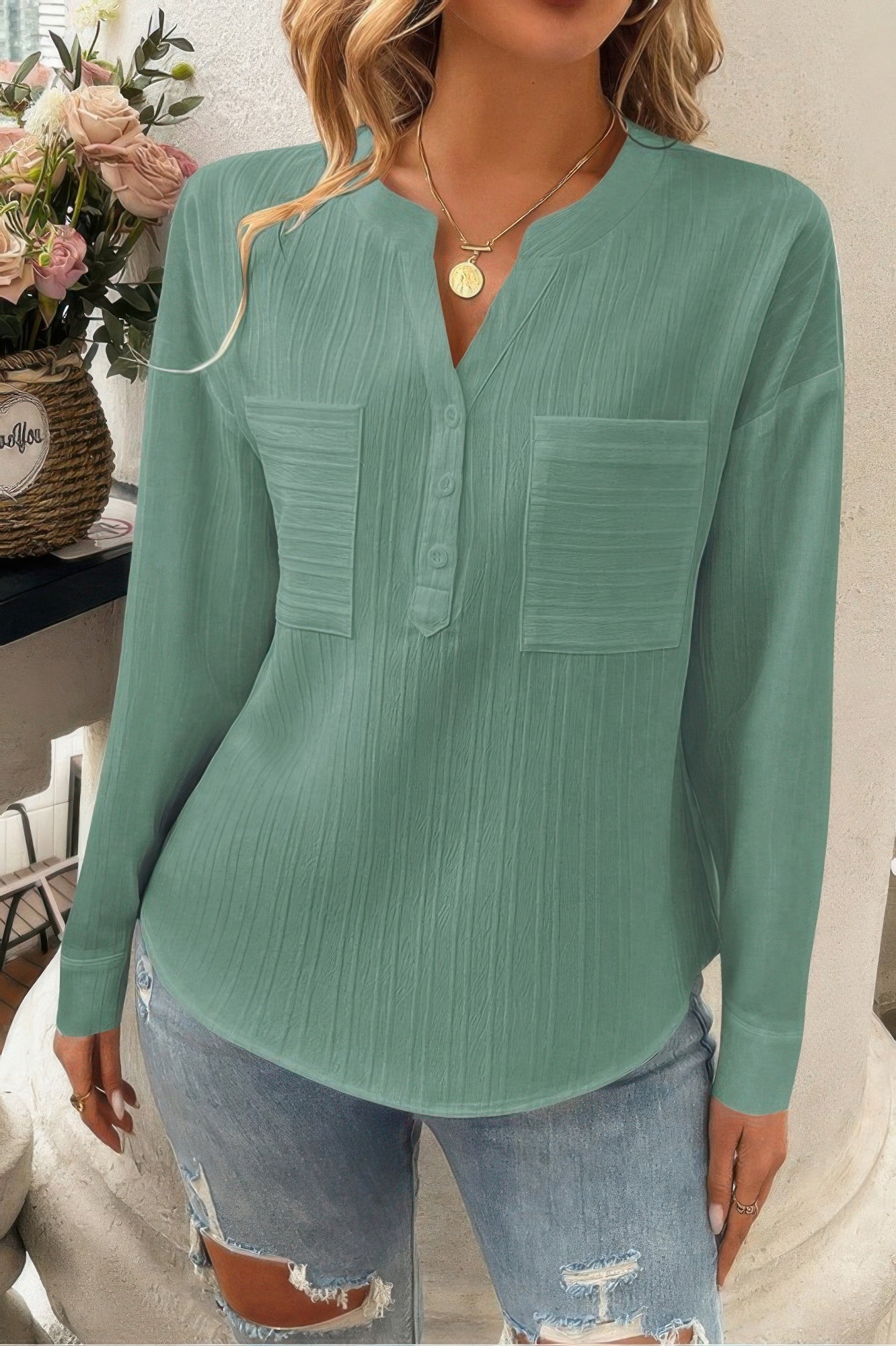 Pleated V Neck Pockets Button Drop Shoulder Blouse - Tigbul's Variety Fashion Shop