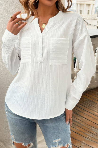 Pleated V Neck Pockets Button Drop Shoulder Blouse - Tigbul's Variety Fashion Shop
