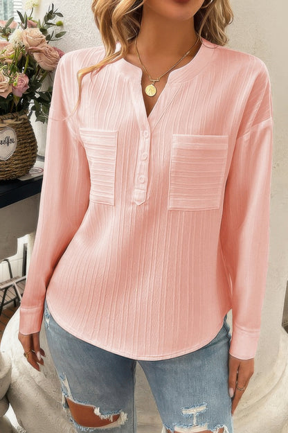 Pleated V Neck Pockets Button Drop Shoulder Blouse - Tigbul's Variety Fashion Shop