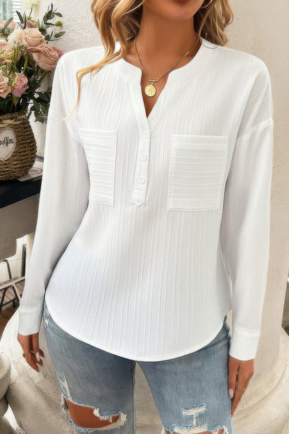 Pleated V Neck Pockets Button Drop Shoulder Blouse - Tigbul's Variety Fashion Shop