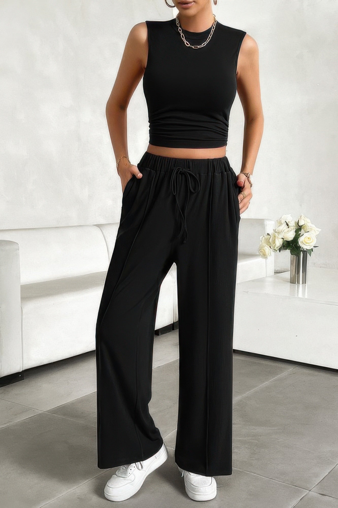 Solid Round Neck Sleeveless Drawstring Pockets Set - Tigbul's Variety Fashion Shop