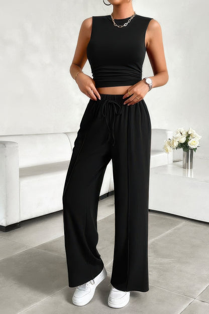 Solid Round Neck Sleeveless Drawstring Pockets Set - Tigbul's Variety Fashion Shop