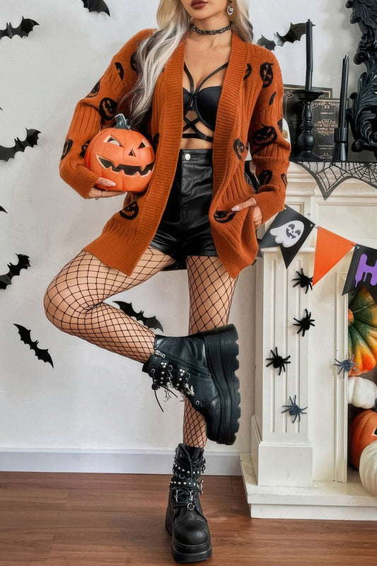Pumpkin Print Open Front Long Sleeve Cardigan - Tigbul's Variety Fashion Shop