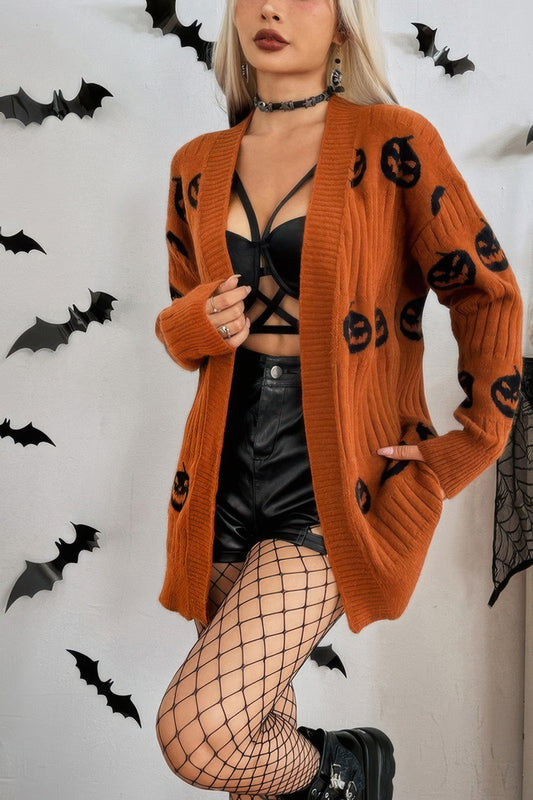 Pumpkin Print Open Front Long Sleeve Cardigan - Tigbul's Variety Fashion Shop